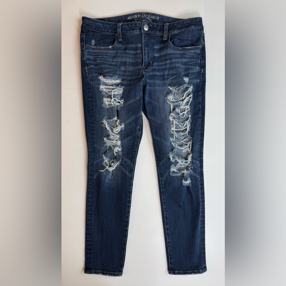 American Eagle Outfitters Y2K Mid Rise Distressed Dark Blue Jeggings Size 12S